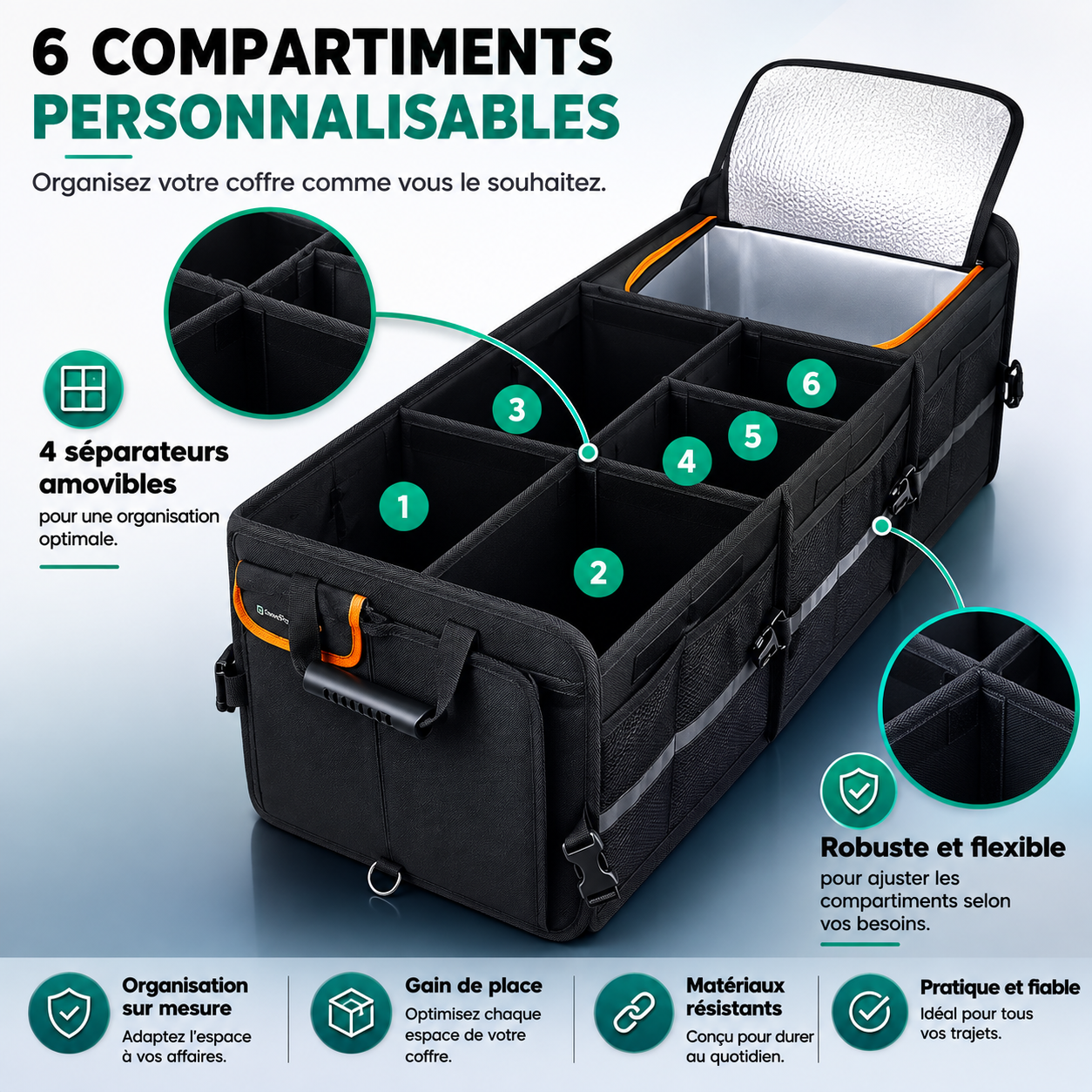 Coffre de Rangement Pliable pour Voiture avec Sac Isotherme