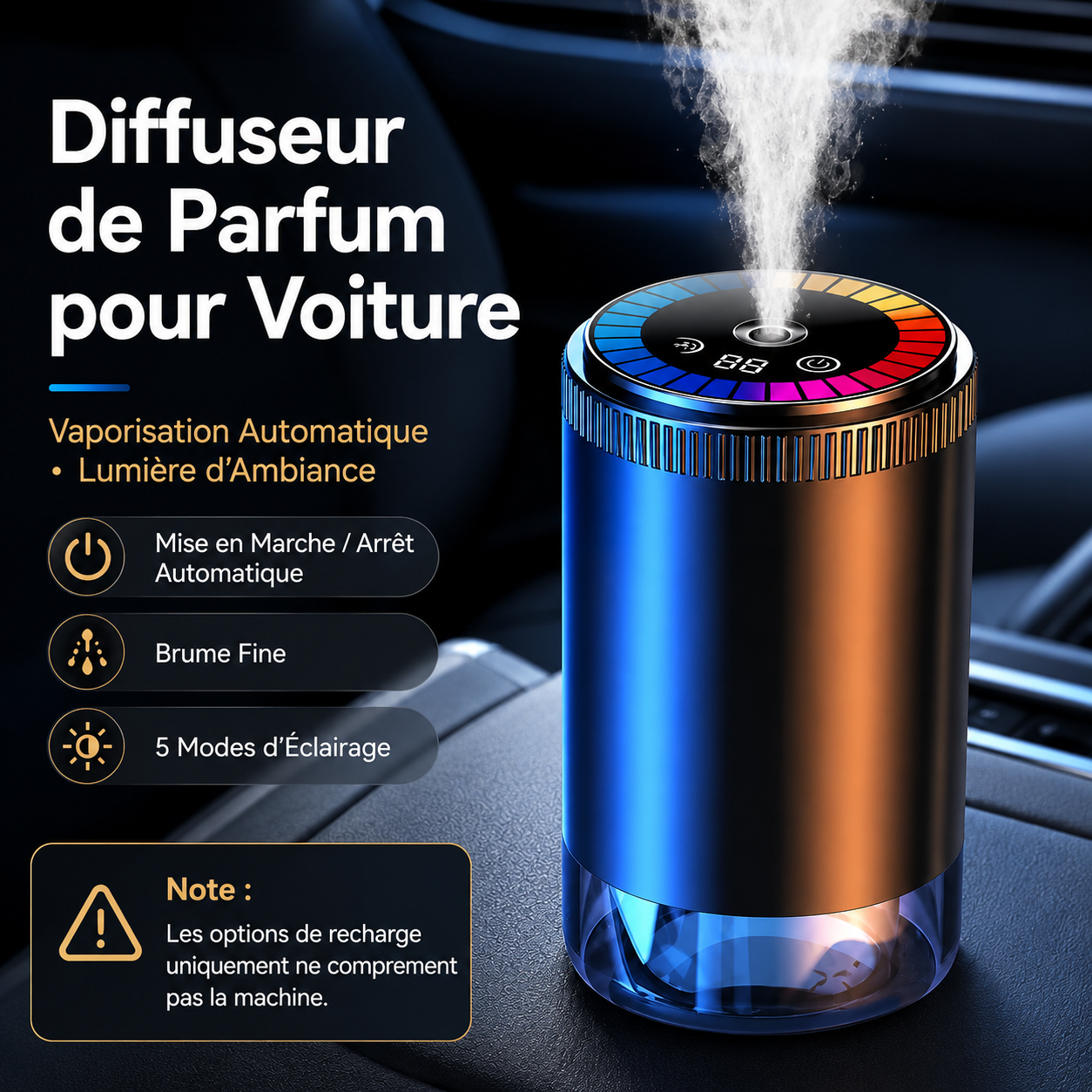 Diffuseur d'Arômes Intelligent pour Voiture – Rechargeable, 5 Modes & Lumière Ambiance